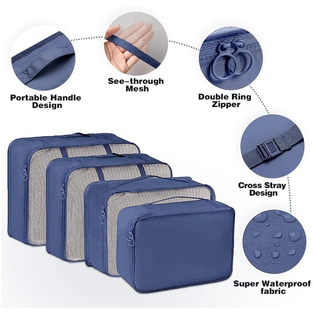 Set 8 huse organizare bagaj si 2 gentute cosmetice calatorie, Quasar & Co.®, pentru voiaj, accesorii valiza/troler, bleumarin 6