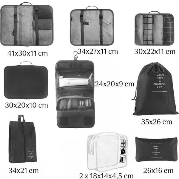 Set 8 huse organizare bagaj si 2 gentute cosmetice calatorie, Quasar & Co.®, pentru voiaj, accesorii valiza/troler, negru - imagine 9