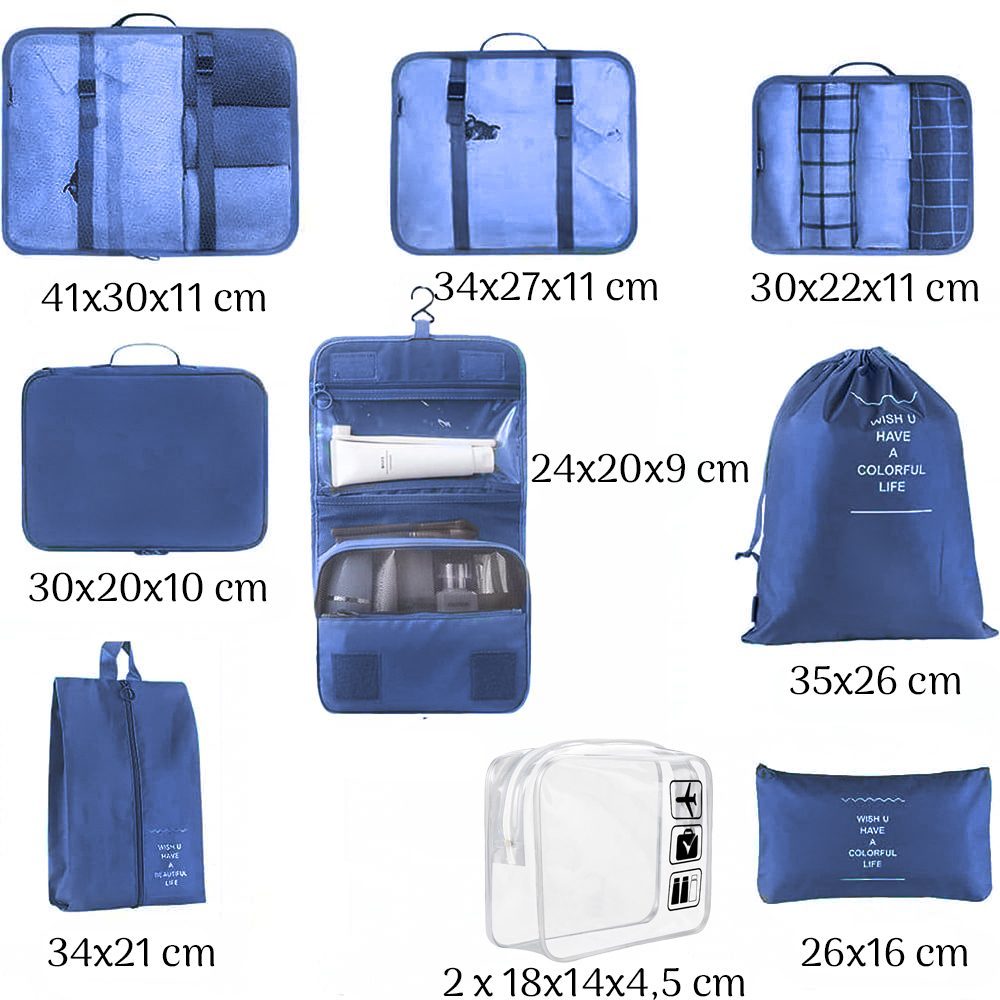Set 8 huse organizare bagaj si 2 gentute cosmetice calatorie, Quasar & Co.®, pentru voiaj, accesorii valiza/troler, bleumarin 7