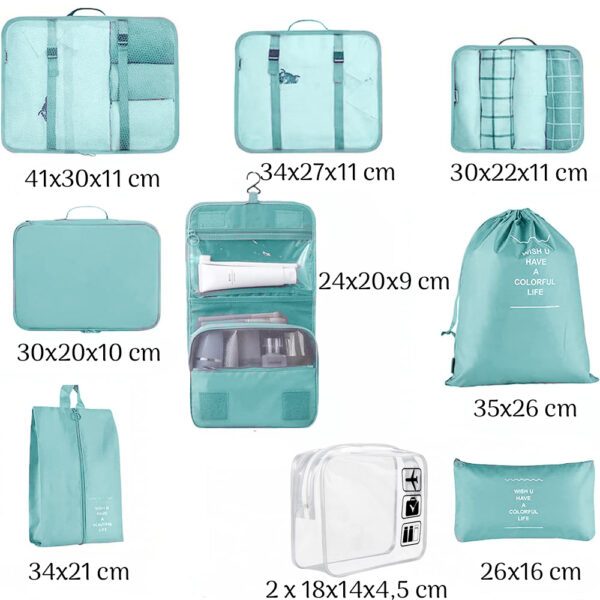 Set 8 huse organizare bagaj si 2 gentute cosmetice calatorie, Quasar & Co.®, pentru voiaj, accesorii valiza/troler, albastru azur - imagine 8