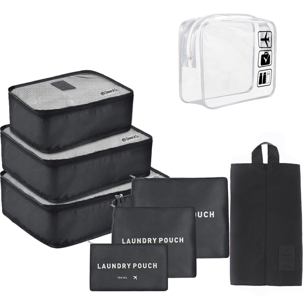Set 7 huse organizare bagaj si o gentuta cosmetice calatorie, Quasar & Co.®, pretabile voiaj, accesorii valiza/troler, negru