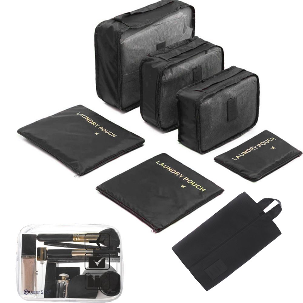 Set 7 huse organizare bagaj si o gentuta cosmetice calatorie, Quasar & Co.®, pretabile voiaj, accesorii valiza/troler, negru 4