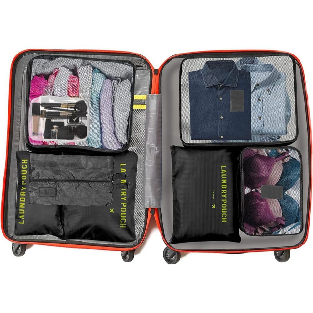 Set 7 huse organizare bagaj si o gentuta cosmetice calatorie, Quasar & Co.®, pretabile voiaj, accesorii valiza/troler, negru 5