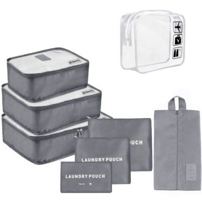 Set 7 huse organizare bagaj si o gentuta cosmetice calatorie, Quasar & Co.®, pretabile voiaj, accesorii valiza/troler, gri 10