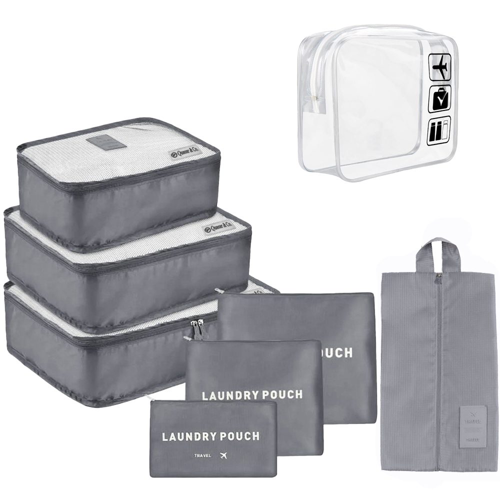 Set 7 huse organizare bagaj si o gentuta cosmetice calatorie, Quasar & Co.®, pretabile voiaj, accesorii valiza/troler, gri