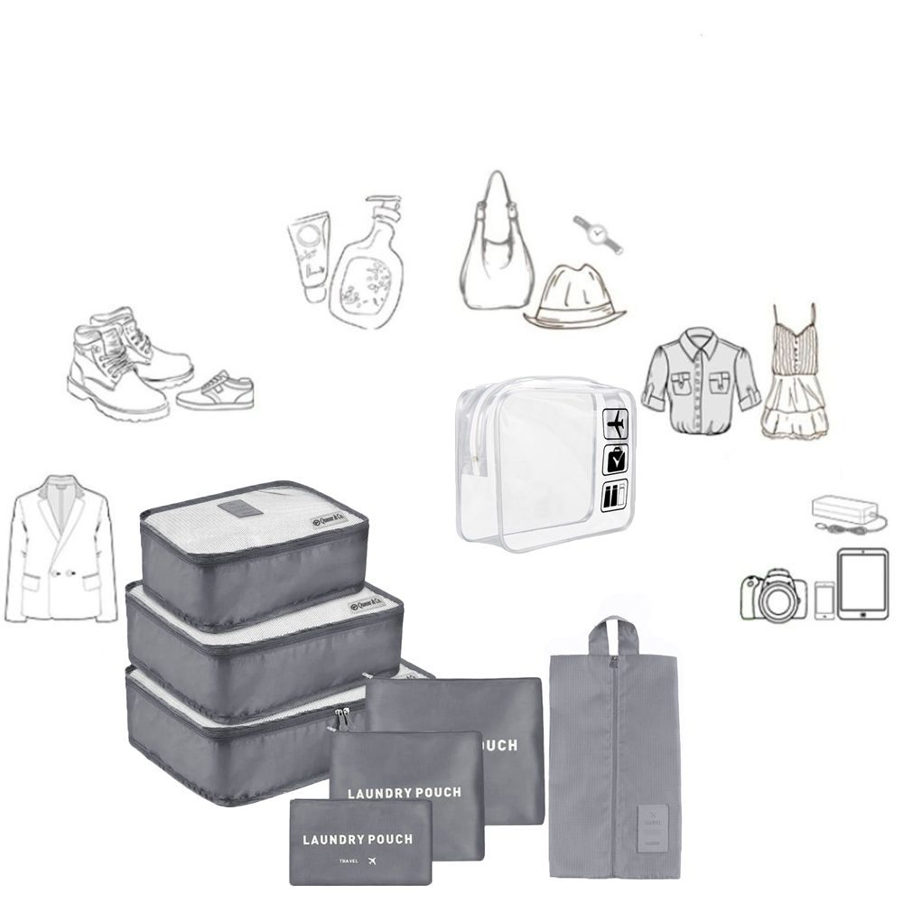 Set 7 huse organizare bagaj si o gentuta cosmetice calatorie, Quasar & Co.®, pretabile voiaj, accesorii valiza/troler, gri 2