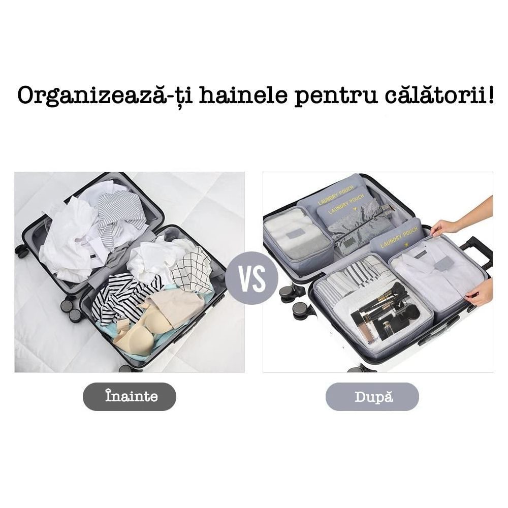 Set 7 huse organizare bagaj si o gentuta cosmetice calatorie, Quasar & Co.®, pretabile voiaj, accesorii valiza/troler, gri 4