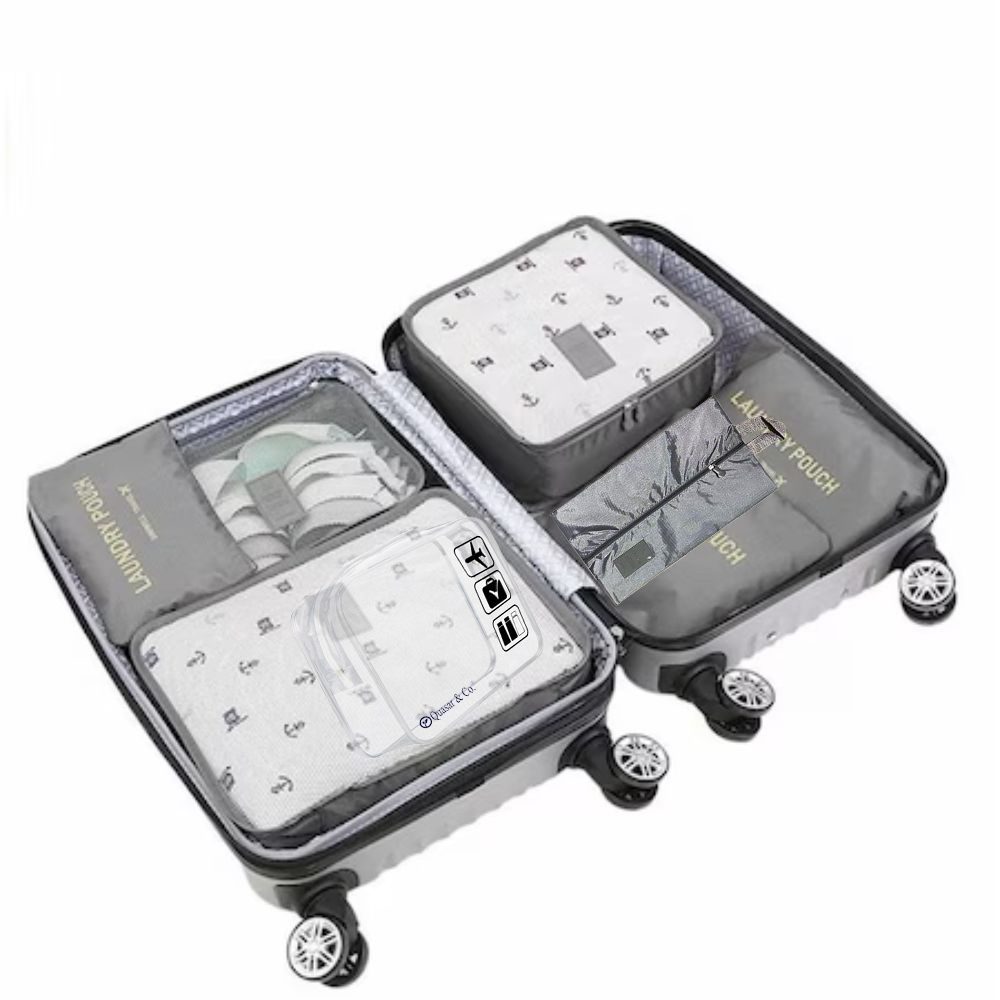 Set 7 huse organizare bagaj si o gentuta cosmetice calatorie, Quasar & Co.®, pretabile voiaj, accesorii valiza/troler, gri 5