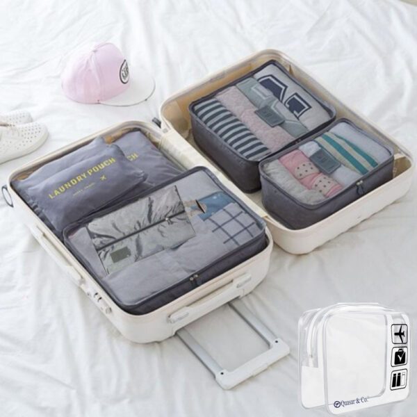 Set 7 huse organizare bagaj si o gentuta cosmetice calatorie, Quasar & Co.®, pretabile voiaj, accesorii valiza/troler, gri - imagine 6