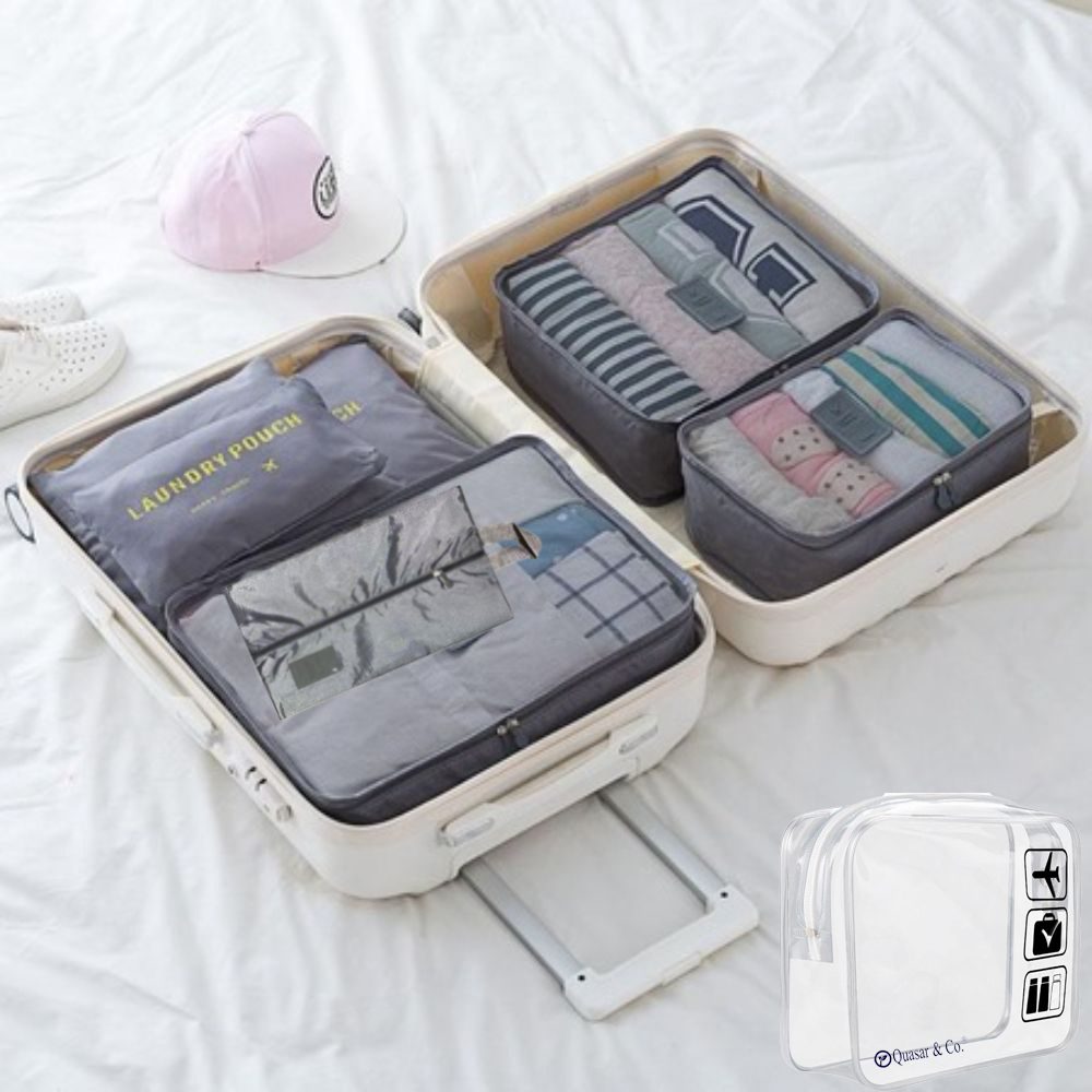 Set 7 huse organizare bagaj si o gentuta cosmetice calatorie, Quasar & Co.®, pretabile voiaj, accesorii valiza/troler, gri 6