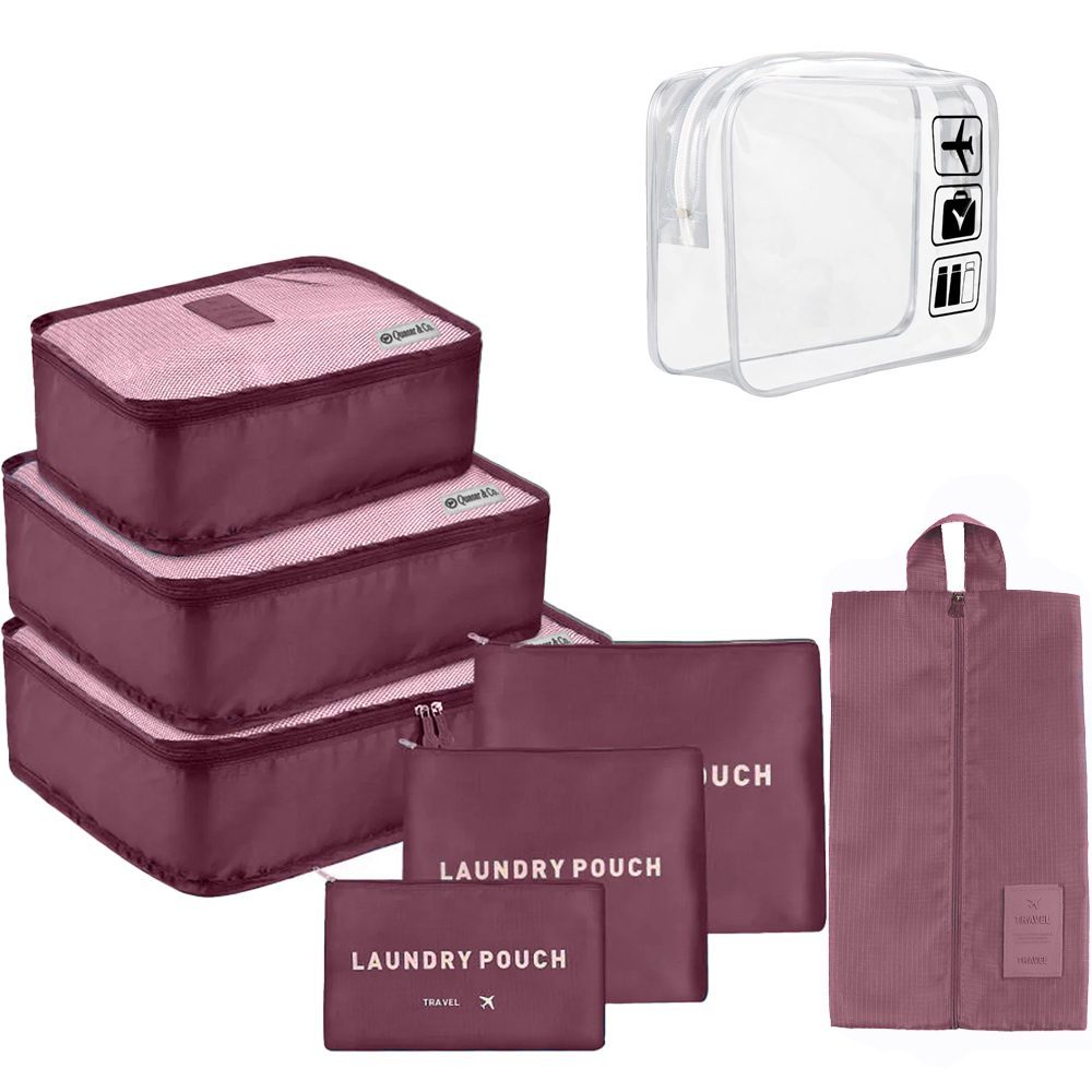 44041099-1 Set 7 huse organizare bagaj si o gentuta cosmetice calatorie, Quasar & Co.®, pretabile voiaj, accesorii valiza/troler, visiniu