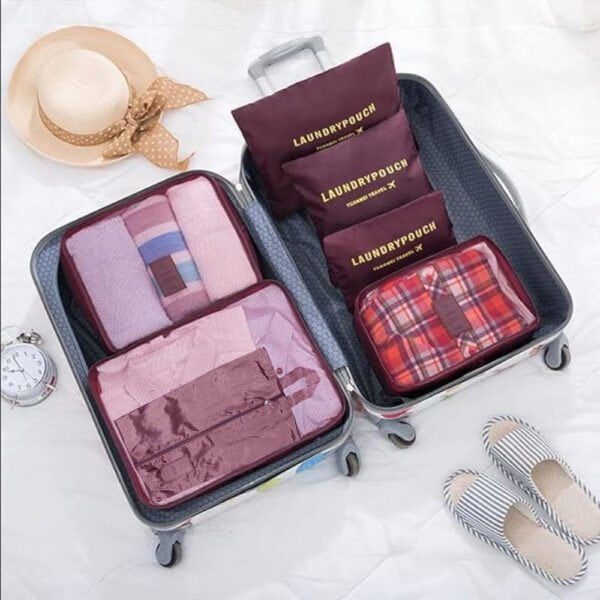 Set 7 huse organizare bagaj si o gentuta cosmetice calatorie, Quasar & Co.®, pretabile voiaj, accesorii valiza/troler, visiniu - imagine 7