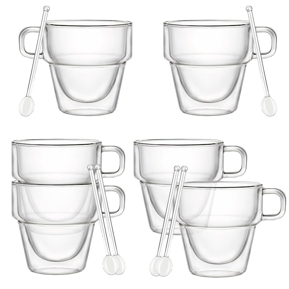 Set 6 cesti cu pereti dubli si 6 lingurite, Quasar & Co.®, suprapozabile, sticla termorezistenta, 125 ml, transparent 2 Set 6 cesti cu pereti dubli si 6 lingurite, Quasar & Co.®, suprapozabile, sticla termorezistenta, 125 ml, transparent 2