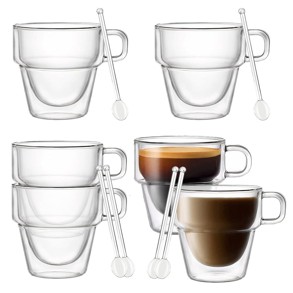 44041102-2 Set 6 cesti cu pereti dubli si 6 lingurite, Quasar & Co.®, suprapozabile, sticla termorezistenta, 125 ml, transparent