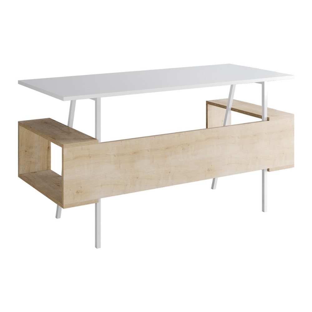 Birou, Quasar & Co.®, mobilier living/office, 140 x 60 x 73.8 cm, MDF, alb/stejar