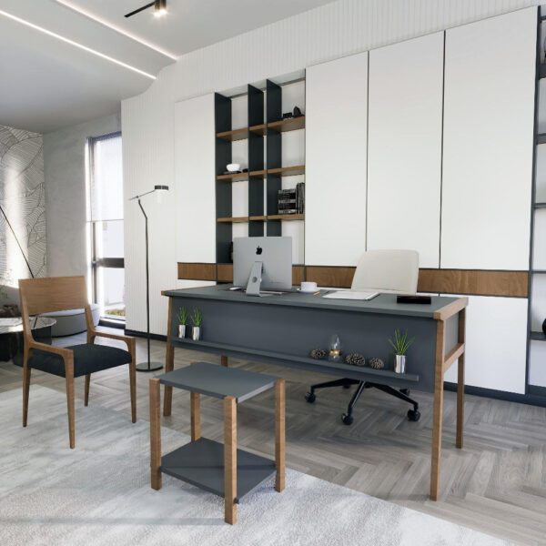 Set birou cu masa cafea, Quasar & Co.®, mobilier living/office, 150 x 60 x 74 cm/45 x 29 x 44 cm, gri inchis/nuc - imagine 3