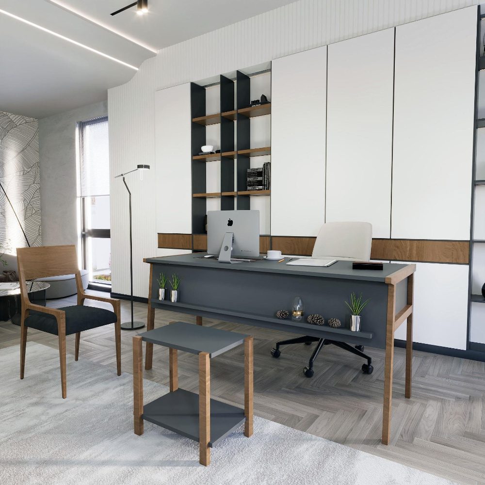 Set birou cu masa cafea, Quasar & Co.®, mobilier living/office, 150 x 60 x 74 cm/45 x 29 x 44 cm, gri inchis/nuc 3