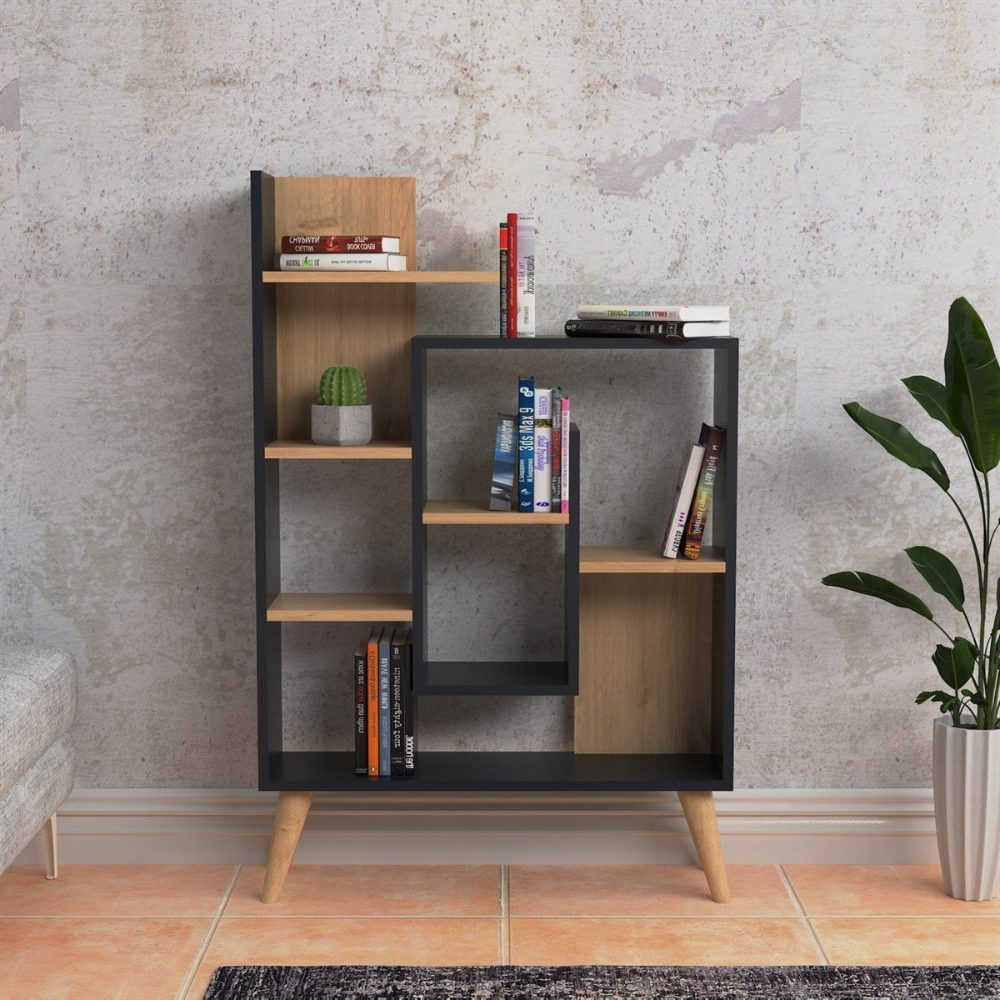 Biblioteca, Quasar & Co.®, mobilier living, 82 x 22 x 126,2 cm, MDF, gri/stejar 3