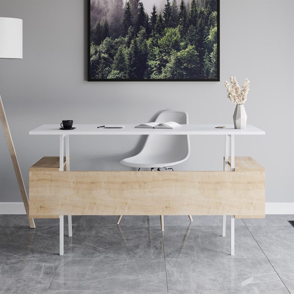 Birou, Quasar & Co.®, mobilier living/office, 140 x 60 x 73.8 cm, MDF, alb/stejar 2