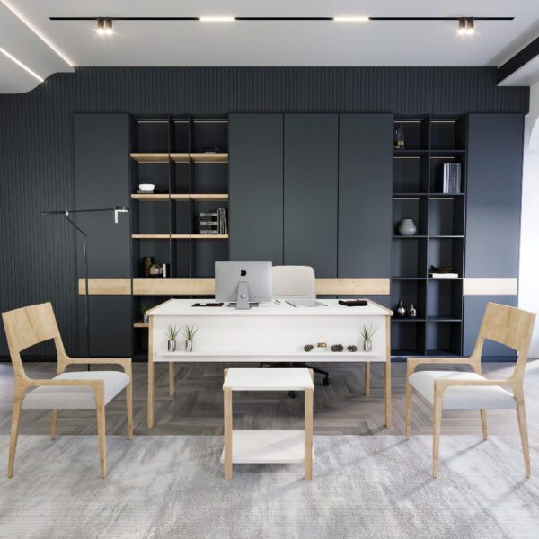 Set birou cu masa cafea, Quasar & Co.®, mobilier living/office, 150 x 60 x 74 cm/45 x 29 x 44 cm, stejar/alb mat - imagine 4