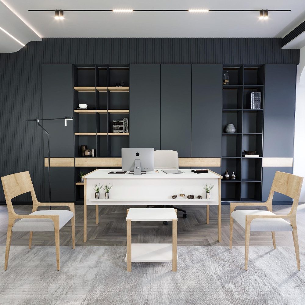 Set birou cu masa cafea, Quasar & Co.®, mobilier living/office, 150 x 60 x 74 cm/45 x 29 x 44 cm, stejar/alb mat 4 Set birou cu masa cafea, Quasar & Co.®, mobilier living/office, 150 x 60 x 74 cm/45 x 29 x 44 cm, stejar/alb mat 4