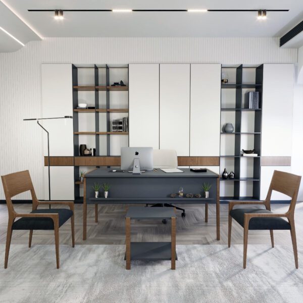 Set birou cu masa cafea, Quasar & Co.®, mobilier living/office, 150 x 60 x 74 cm/45 x 29 x 44 cm, gri inchis/nuc - imagine 4