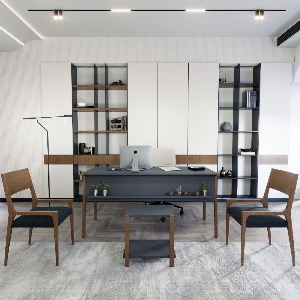 Set birou cu masa cafea, Quasar & Co.®, mobilier living/office, 150 x 60 x 74 cm/45 x 29 x 44 cm, gri inchis/nuc 4