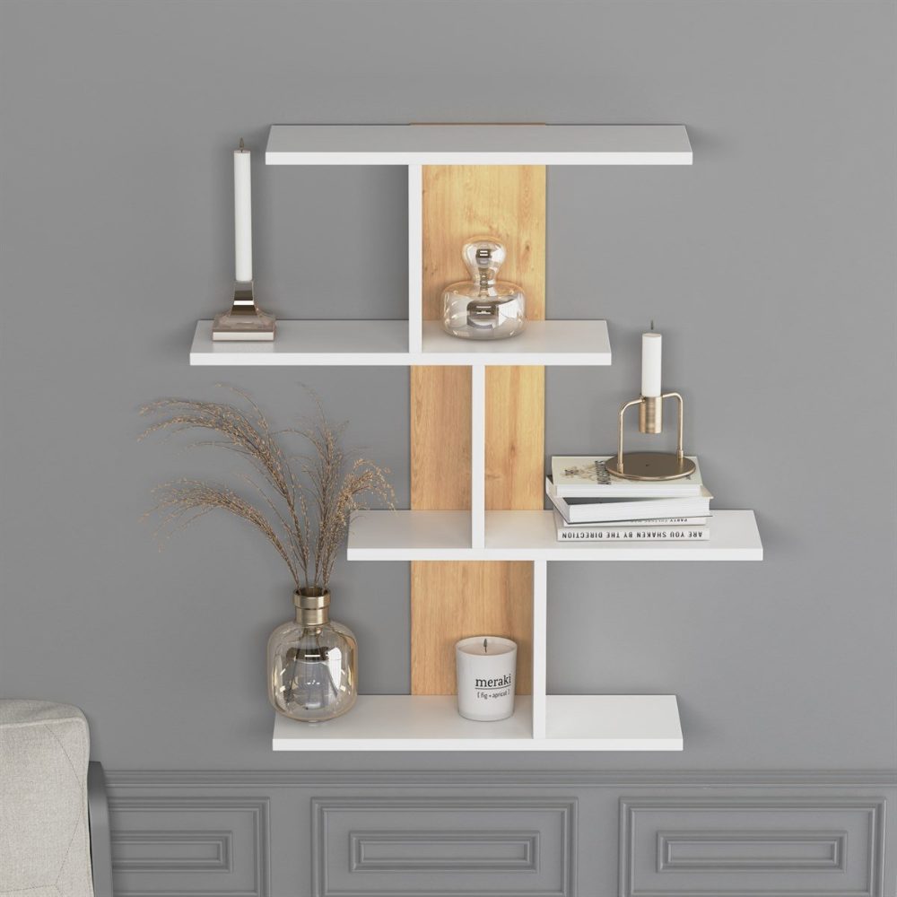 Raft perete, Quasar & Co.®, mobilier living/dormitor, 88 x 89 x 20 cm, MDF, alb mat/stejar 3