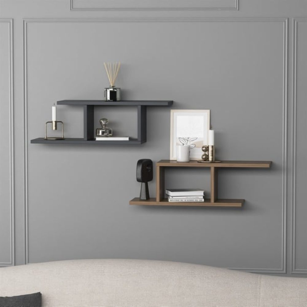 Set 2 rafturi perete, Quasar & Co.®, mobilier living/dormitor, 74.5 x 20 x 23 cm, MDF, gri/nuc 4