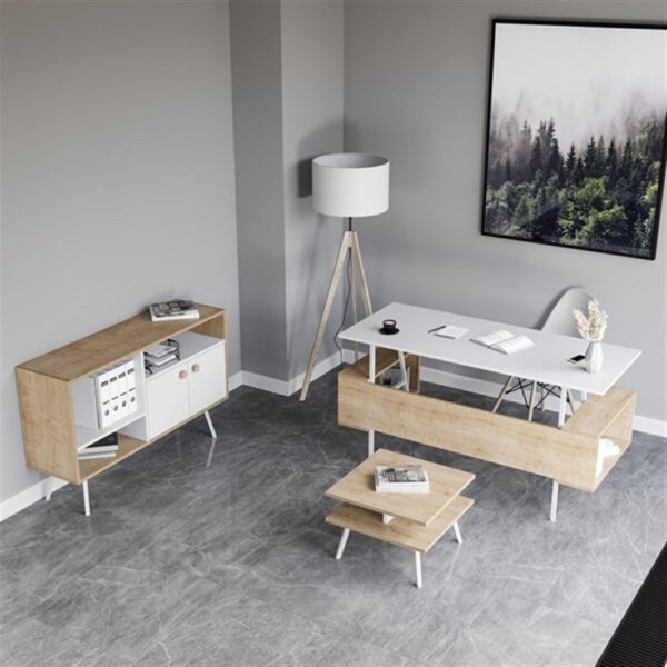 Comoda TV, Quasar & Co.®, mobilier living/dormitor, 118.6 x 35 x 73.5 cm, MDF, stejar deschis/alb - imagine 4
