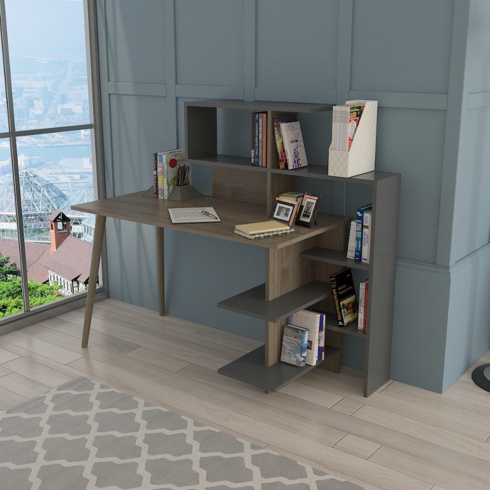 Birou, Quasar & Co.®, mobilier living/office, 141.8 x 60 x 121.4 cm, MDF, gri/nuc 4