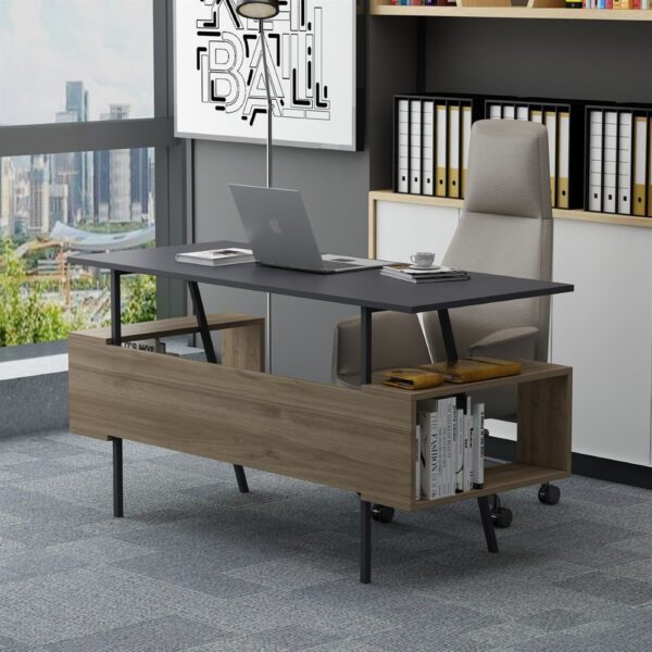 Birou, Quasar & Co.®, mobilier living/office, 140 x 60 x 73.8 cm, MDF, gri antracit/nuc - imagine 3