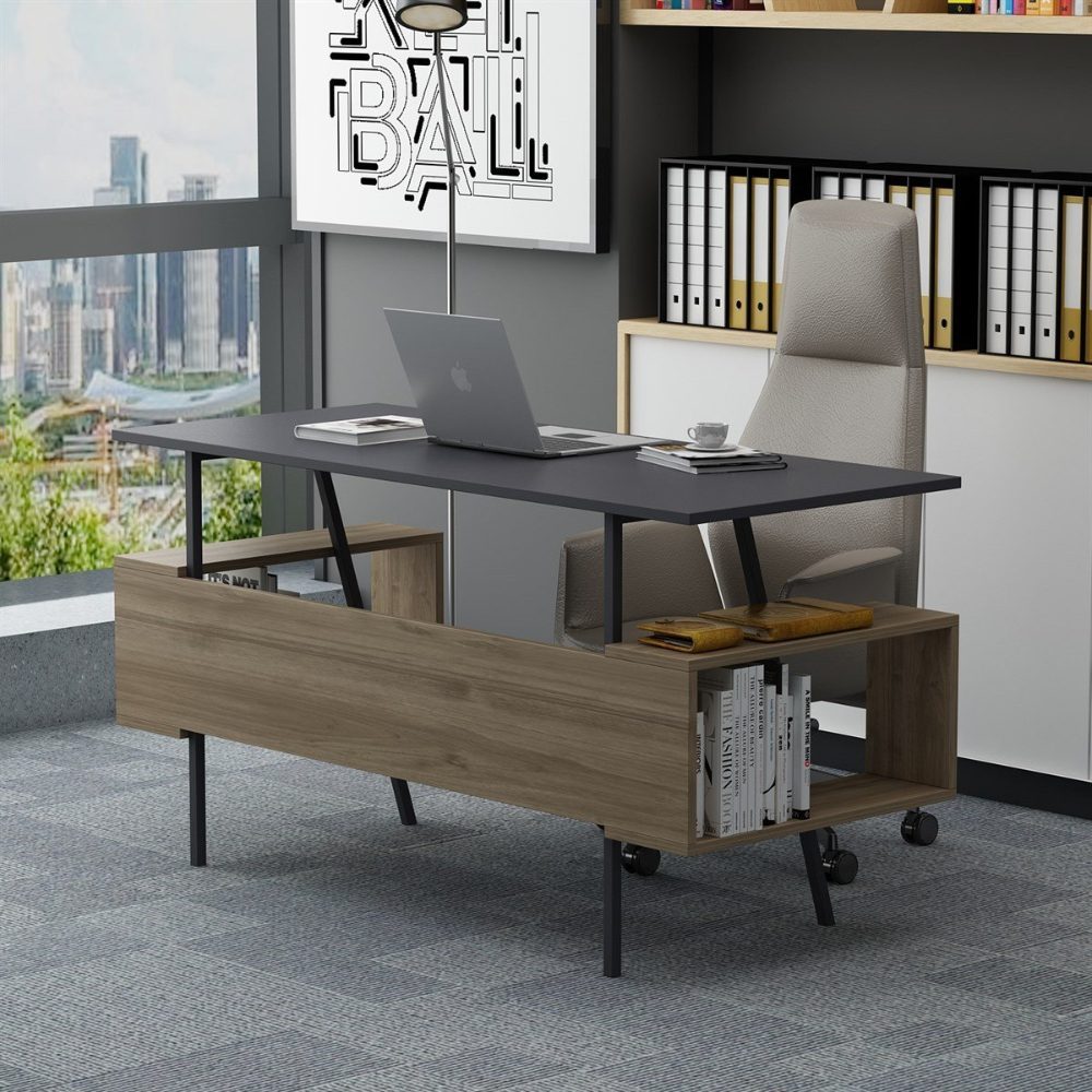 Birou, Quasar & Co.®, mobilier living/office, 140 x 60 x 73.8 cm, MDF, gri antracit/nuc 3