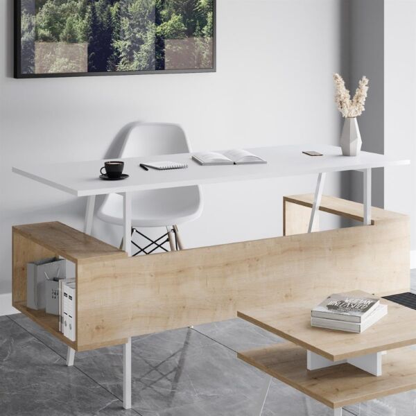 Birou, Quasar & Co.®, mobilier living/office, 140 x 60 x 73.8 cm, MDF, alb/stejar - imagine 5