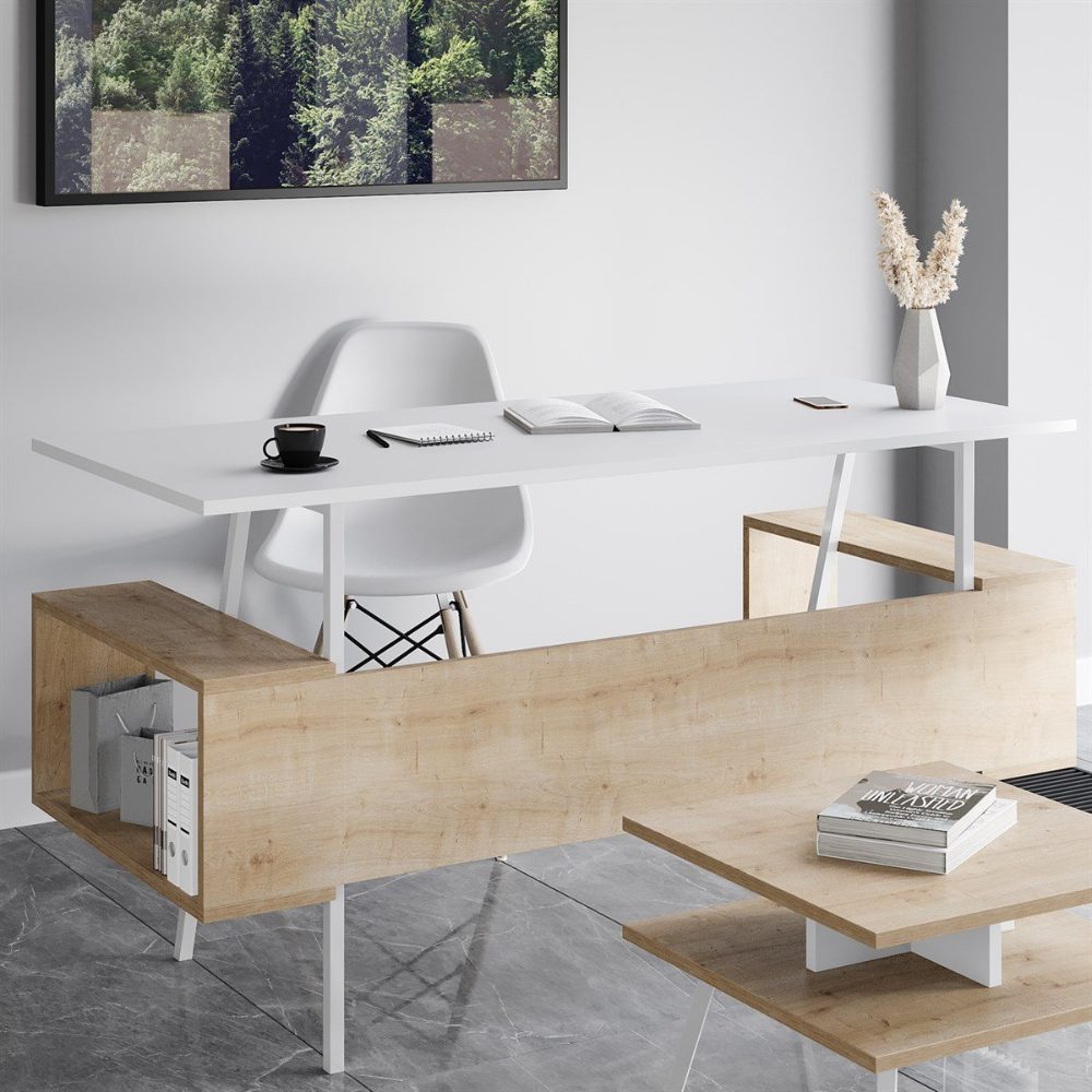 Birou, Quasar & Co.®, mobilier living/office, 140 x 60 x 73.8 cm, MDF, alb/stejar 5