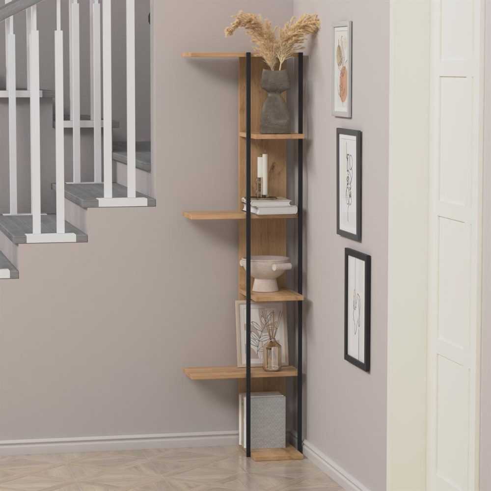 Raft de colt, Quasar & Co.®, mobilier living/dormitor, 45 x 23.1 x 162.3 cm, MDF, stejar/negru 4