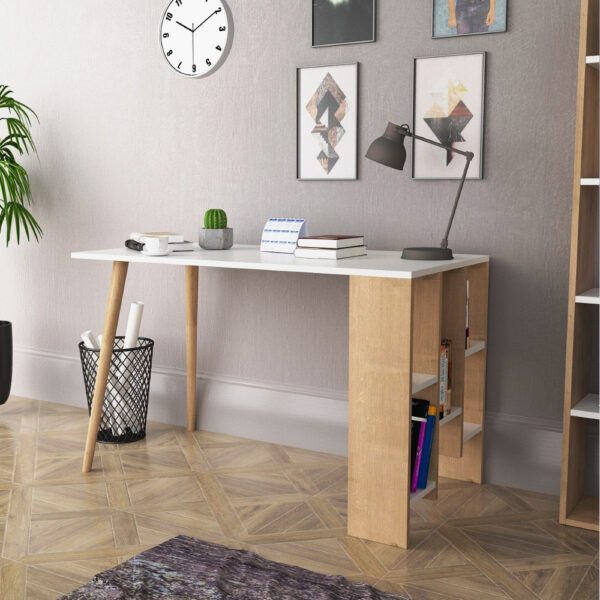 Birou, Quasar & Co.®, mobilier living/office, 120 x 60 x 73.8 cm, MDF, alb/stejar natural - imagine 3
