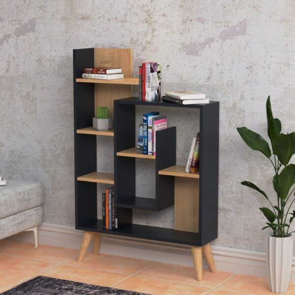 Biblioteca, Quasar & Co.®, mobilier living, 82 x 22 x 126,2 cm, MDF, gri/stejar - imagine 4