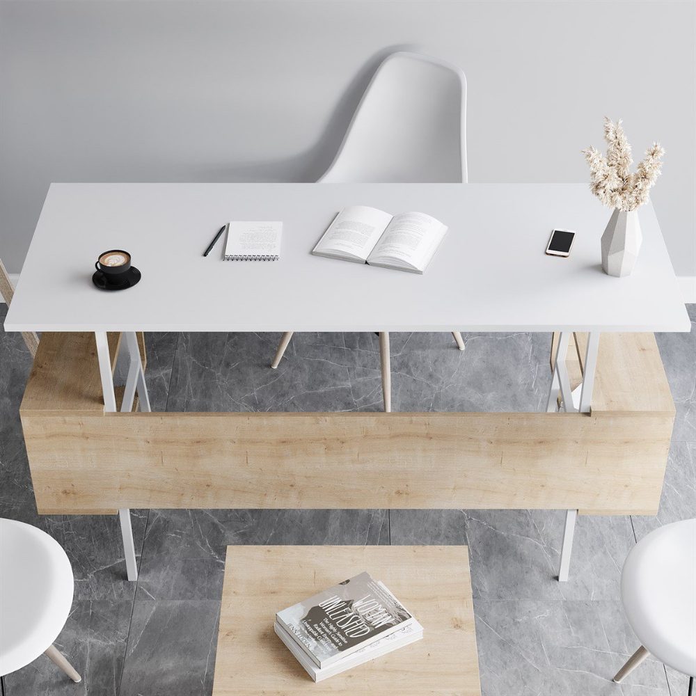 Birou, Quasar & Co.®, mobilier living/office, 140 x 60 x 73.8 cm, MDF, alb/stejar 3
