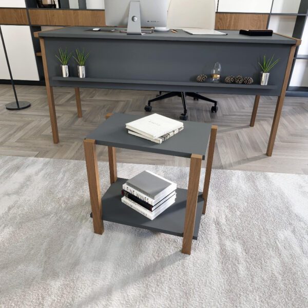 Set birou cu masa cafea, Quasar & Co.®, mobilier living/office, 150 x 60 x 74 cm/45 x 29 x 44 cm, gri inchis/nuc - imagine 6