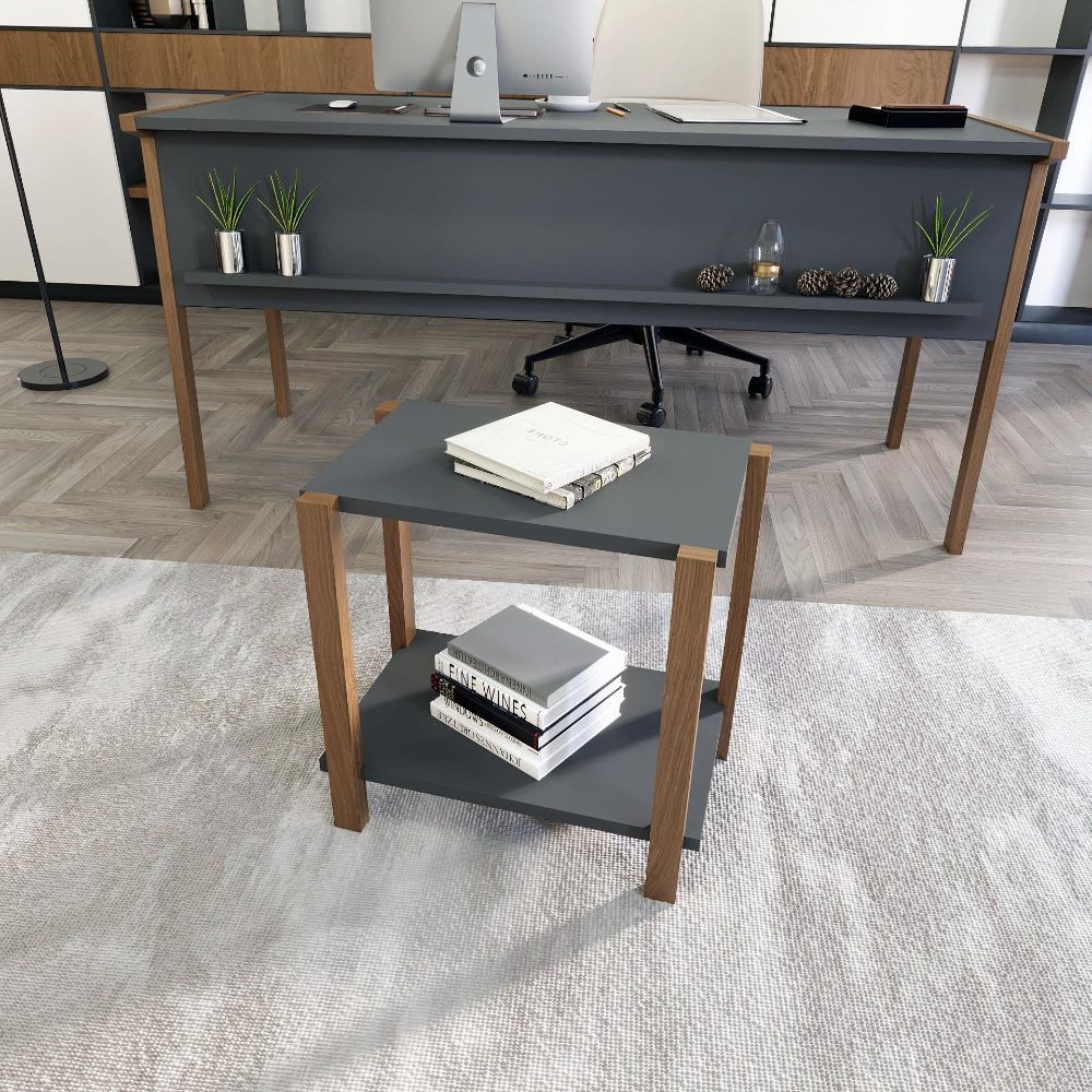 Set birou cu masa cafea, Quasar & Co.®, mobilier living/office, 150 x 60 x 74 cm/45 x 29 x 44 cm, gri inchis/nuc 6