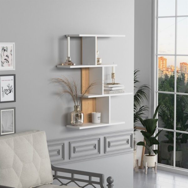Raft perete, Quasar & Co.®, mobilier living/dormitor, 88 x 89 x 20 cm, MDF, alb mat/stejar - imagine 4