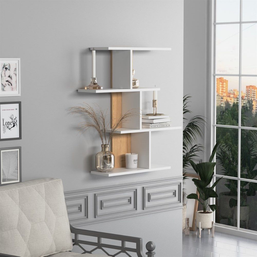 Raft perete, Quasar & Co.®, mobilier living/dormitor, 88 x 89 x 20 cm, MDF, alb mat/stejar 4