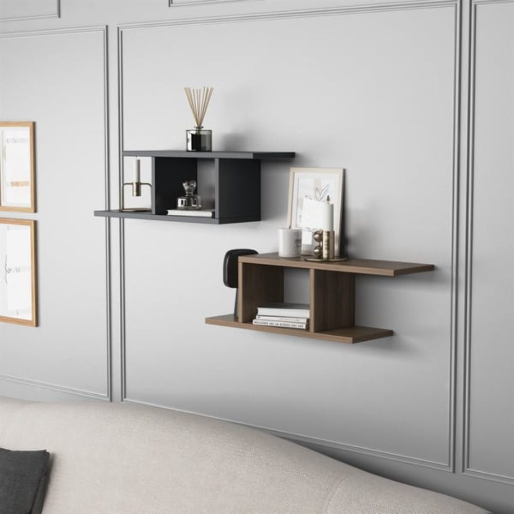 Set 2 rafturi perete, Quasar & Co.®, mobilier living/dormitor, 74.5 x 20 x 23 cm, MDF, gri/nuc
