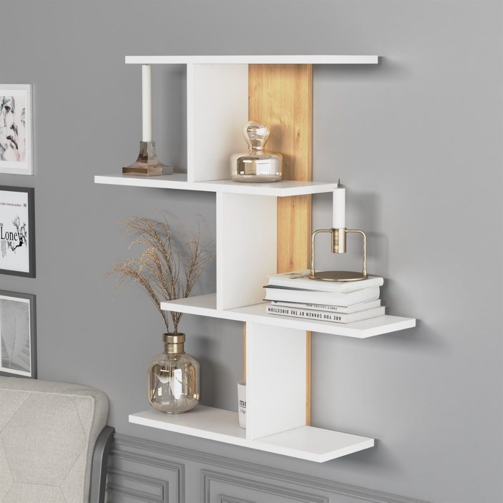 Raft perete, Quasar & Co.®, mobilier living/dormitor, 88 x 89 x 20 cm, MDF, alb mat/stejar