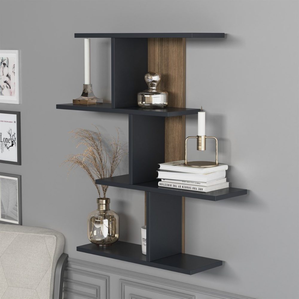 Raft perete, Quasar & Co.®, mobilier living/dormitor, 88 x 89 x 20 cm, MDF, gri inchis/nuc