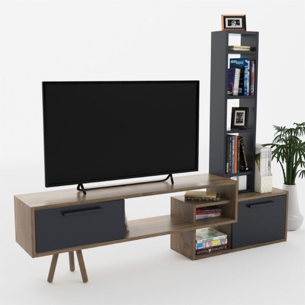 Comoda TV, Quasar & Co.®, mobilier living, 169.6 x 29.5 x 133 cm, MDF, gri/nuc - imagine 1