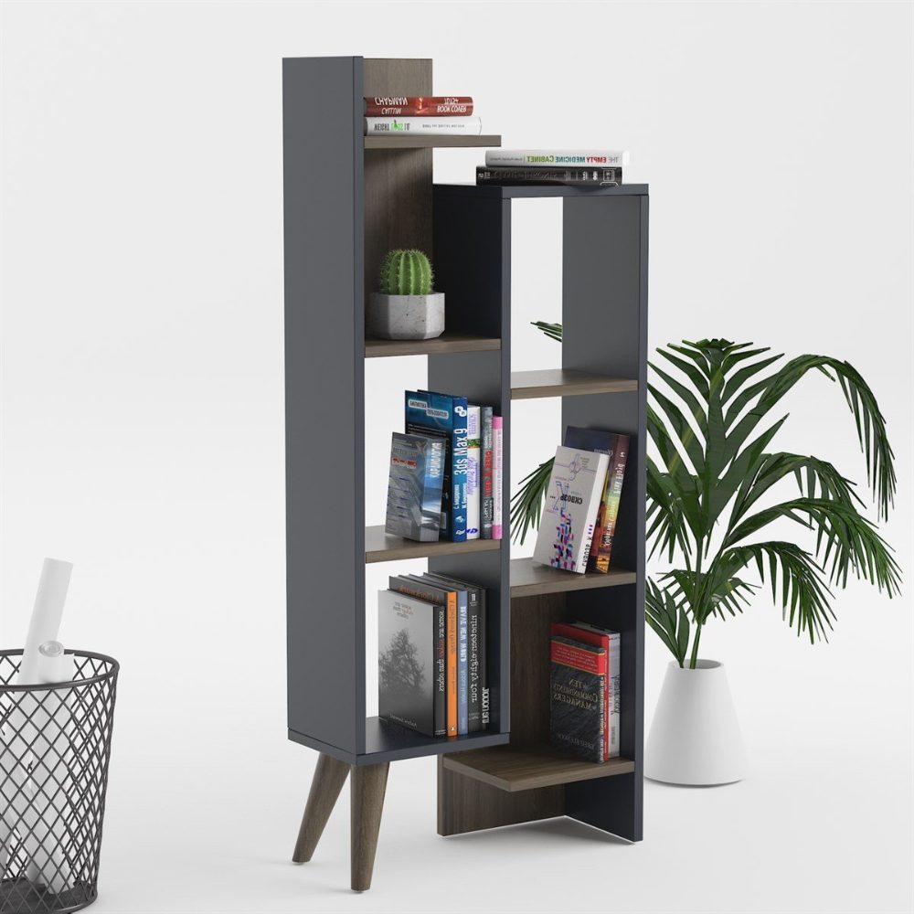 44026008.2 Biblioteca, Quasar & Co.®, mobilier living, 55.4 x 22 x 129.2 cm, MDF, gri/nuc