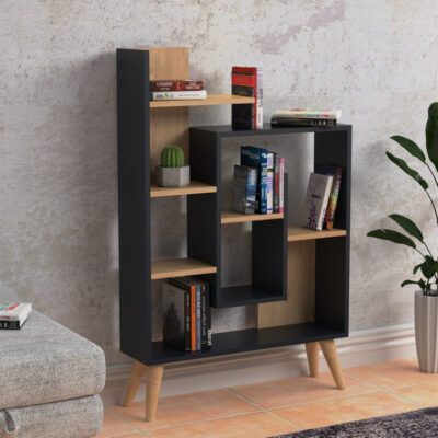 Biblioteca, Quasar & Co.®, mobilier living, 82 x 22 x 126,2 cm, MDF, gri/stejar 8