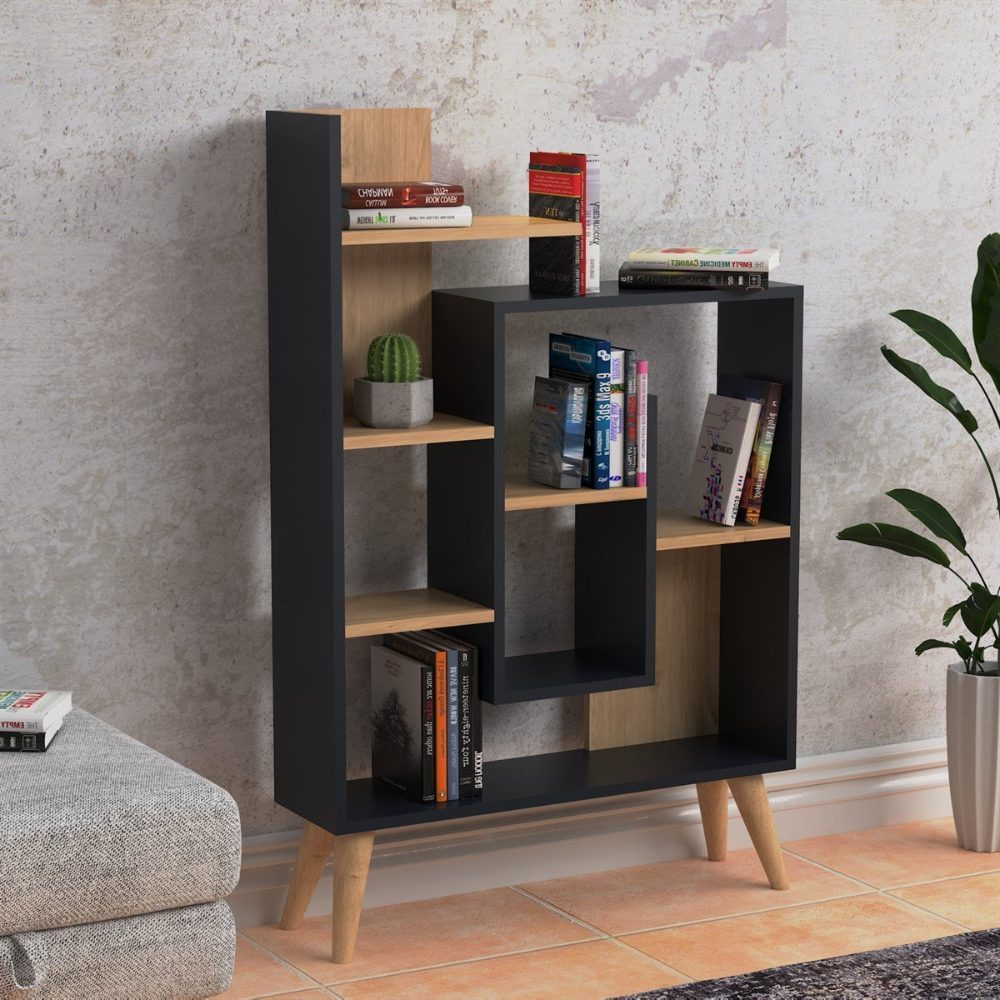Biblioteca, Quasar & Co.®, mobilier living, 82 x 22 x 126,2 cm, MDF, gri/stejar